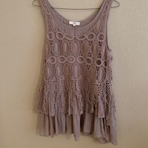 Umgee Lt Brown Top with Crochet Overlay